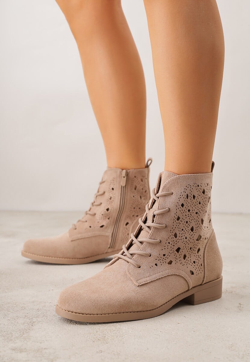 Ciemnobeżowe Ażurowe Botki ze Sznurowaną Cholewką Sephylia 2