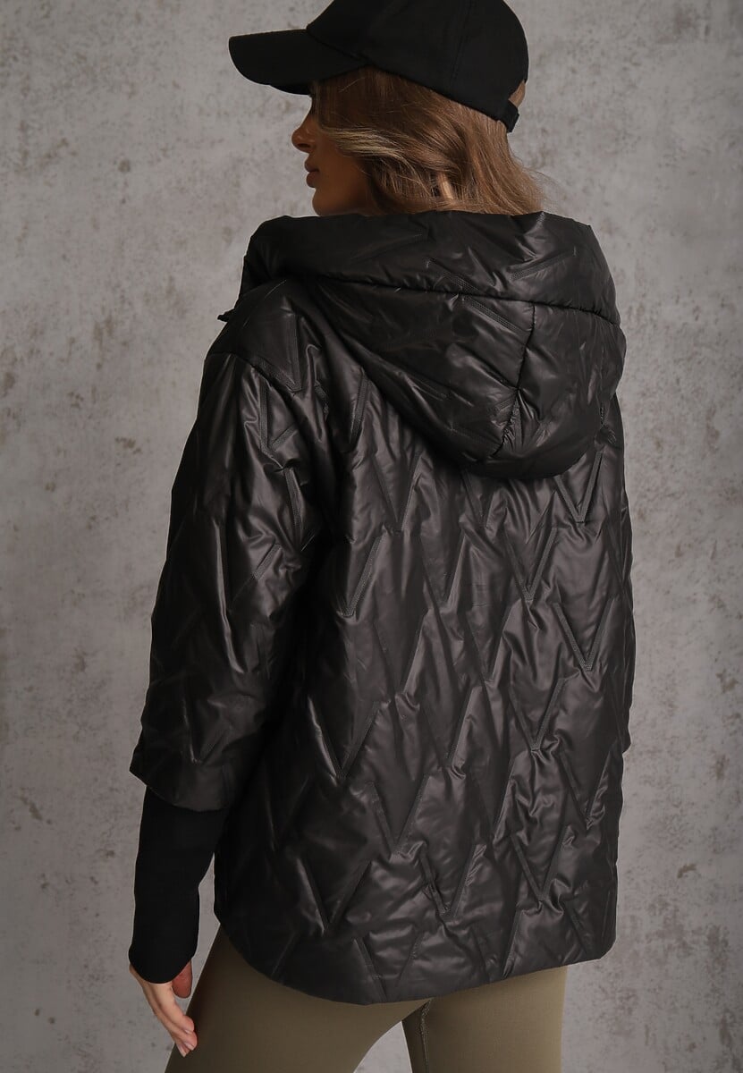 Czarna Pikowana Kurtka z Kapturem z Materiałem na Rękawach Grigoria 3