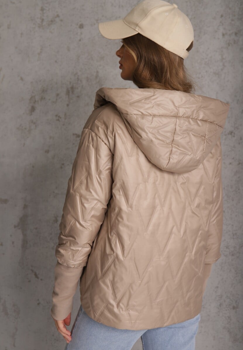 Brązowa Pikowana Kurtka z Kapturem z Materiałem na Rękawach Grigoria 3