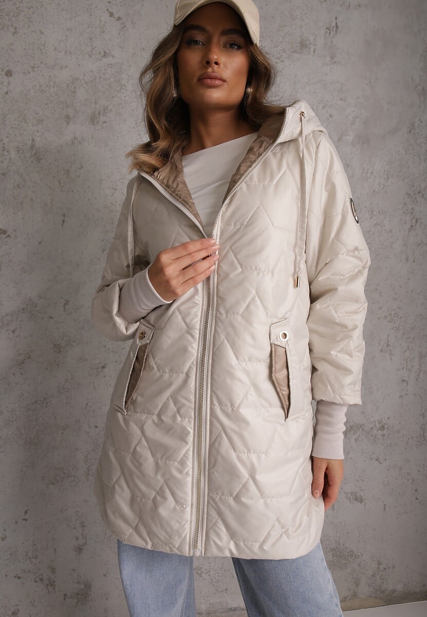 Jasnoszara Przejściowa Kurtka z Kapturem Pikowanymi Przeszyciami i Suwakami Kave 1