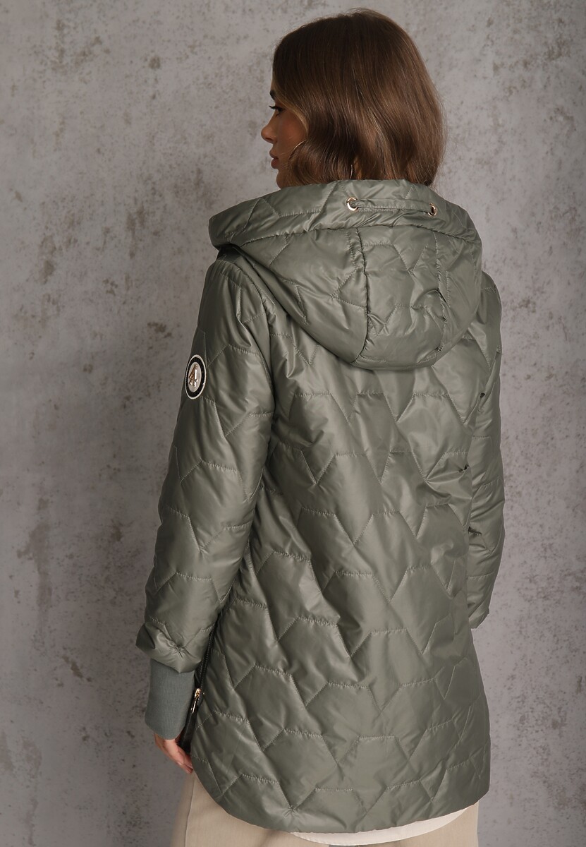 Zielona Przejściowa Kurtka z Kapturem Pikowanymi Przeszyciami i Suwakami Kave 3