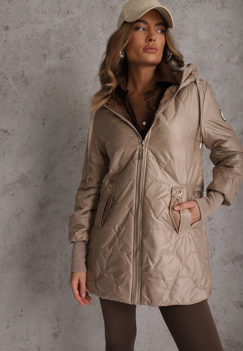 Brązowa Przejściowa Kurtka z Kapturem Pikowanymi Przeszyciami i Suwakami Kave 2