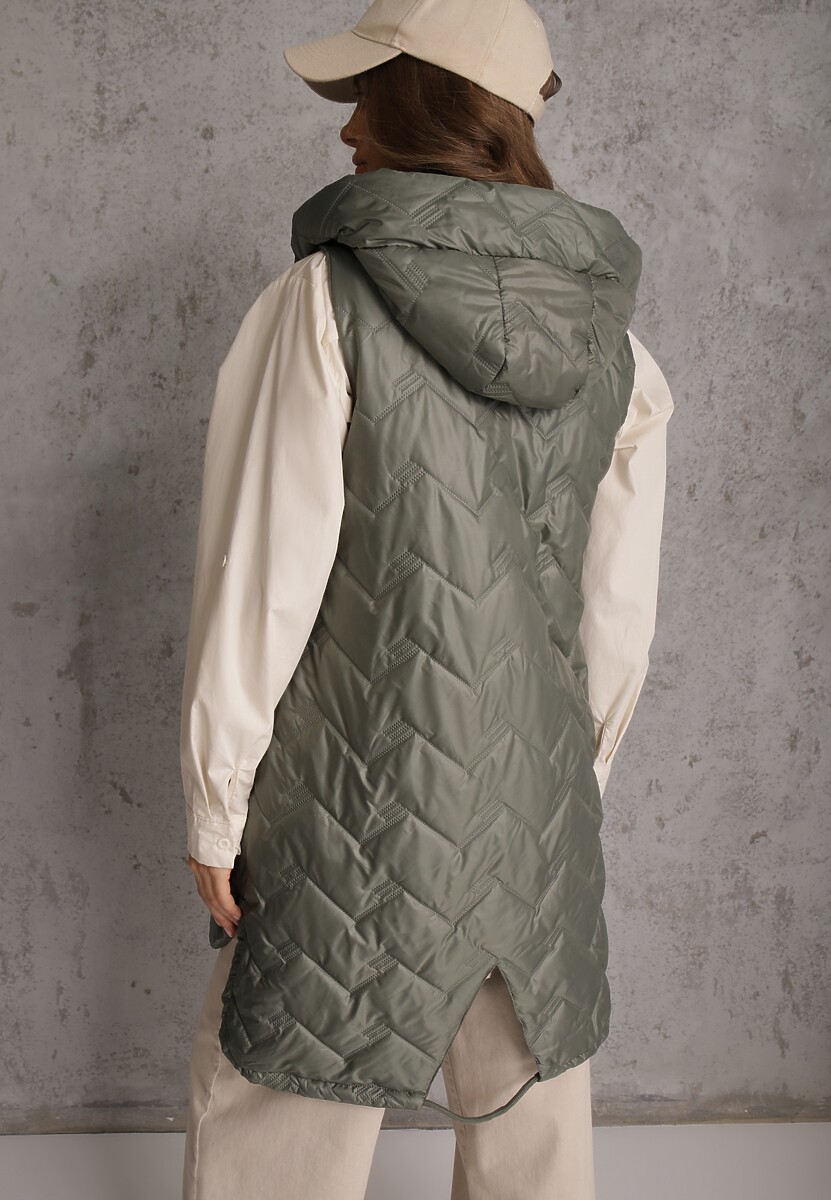 Zielona Długa Pikowana Kamizelka z Kapturem i Ozdobną Naszywką Mentape 3