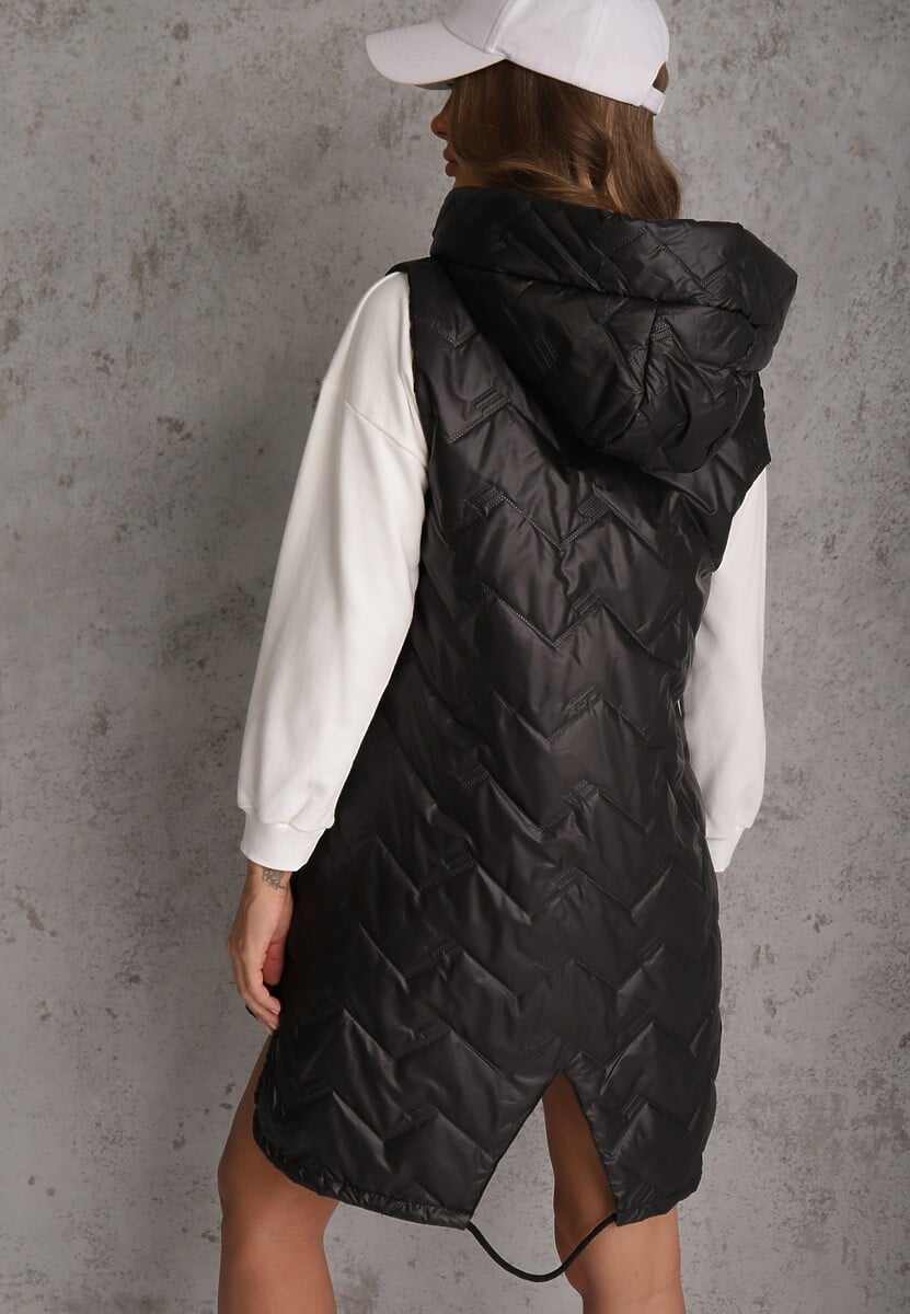 Czarna Długa Kamizelka Pikowana z Nieodpinanym Kapturem Semaea 3