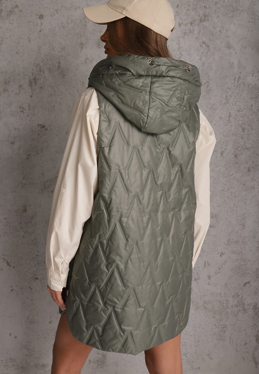 Zielona Długa Kamizelka Pikowana z Nieodpinanym Kapturem Semaea 3