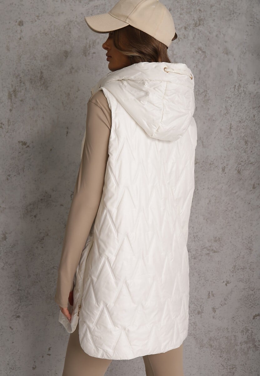 Biała Długa Kamizelka Pikowana z Nieodpinanym Kapturem Semaea 3