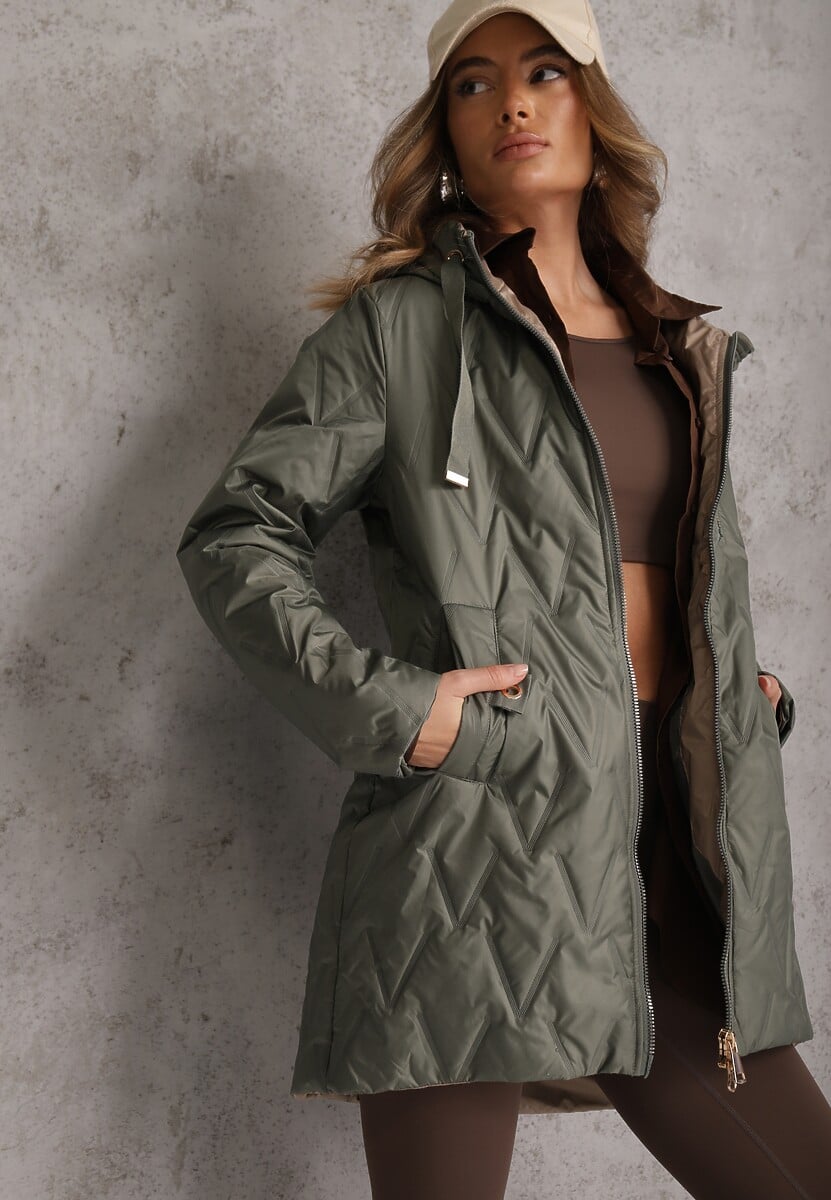 Zielona Długa Kurtka Parka Pikowana z Kapturem Ozdobiona Aplikacją Rossea 1