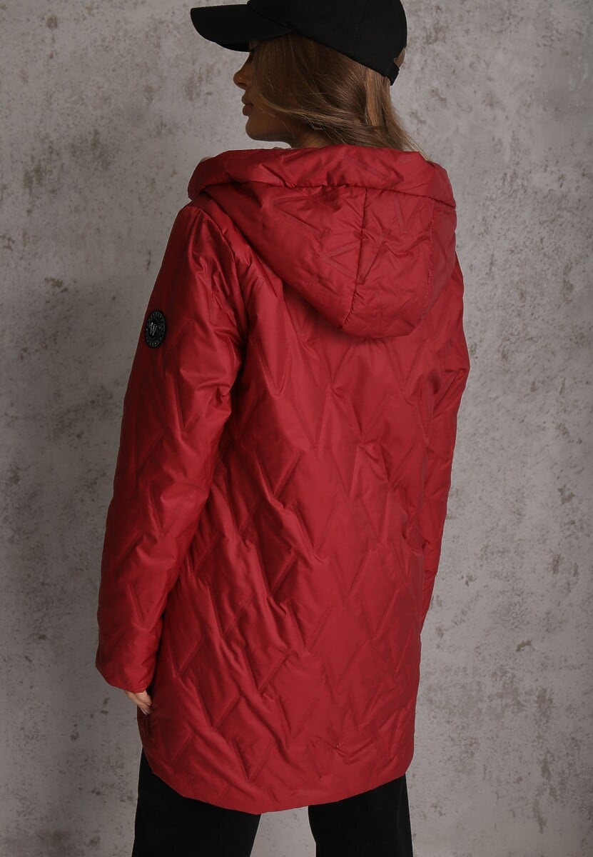 Czerwona Długa Kurtka Parka Pikowana z Kapturem Ozdobiona Aplikacją Rossea 3