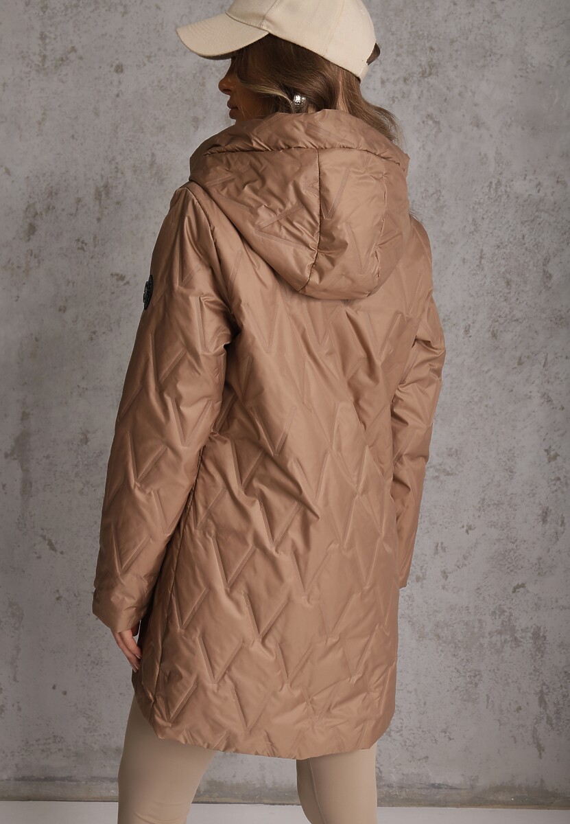Szampańska Długa Kurtka Parka Pikowana z Kapturem Ozdobiona Aplikacją Rossea 3
