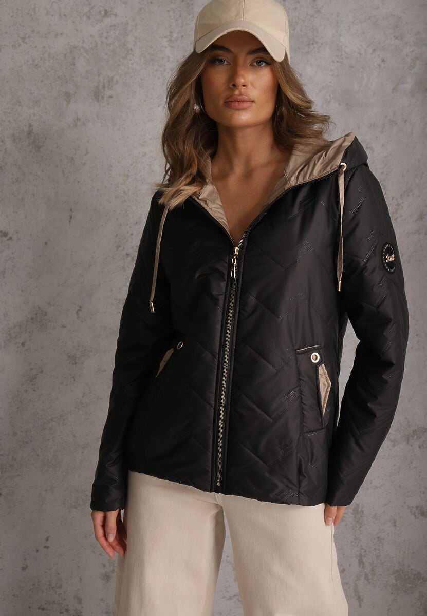 Czarna Kurtka Przejściowa z Pikowanymi Przeszyciami Kieszeniami i Kapturem Fliphe 2