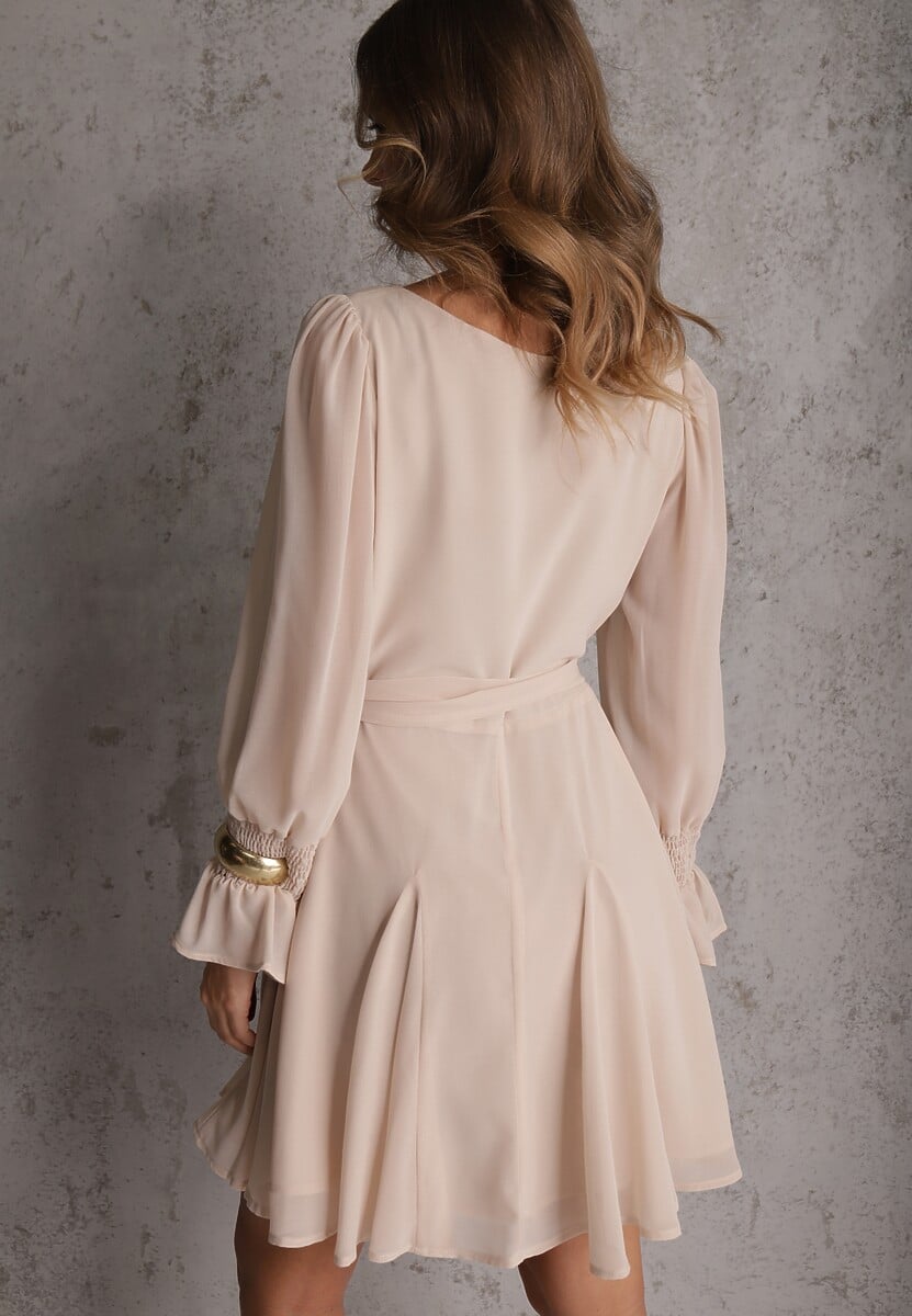 Beżowa Sukienka VICES z Półtransparentnymi Rękawami Wiązania w Talii Resmosa 3