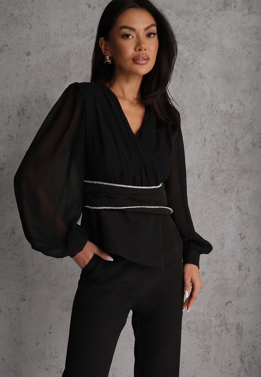 Czarna Bluzka VICES w Kopertowym Stylu z Luźnymi Transparentnymi Rękawami i Dekoltem V Inge 1