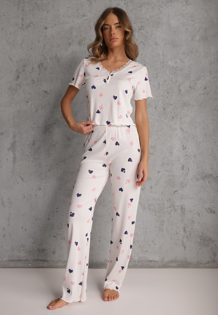 Biały Elastyczny Komplet Piżamowy w Serduszka Spodnie i Top Isle 2
