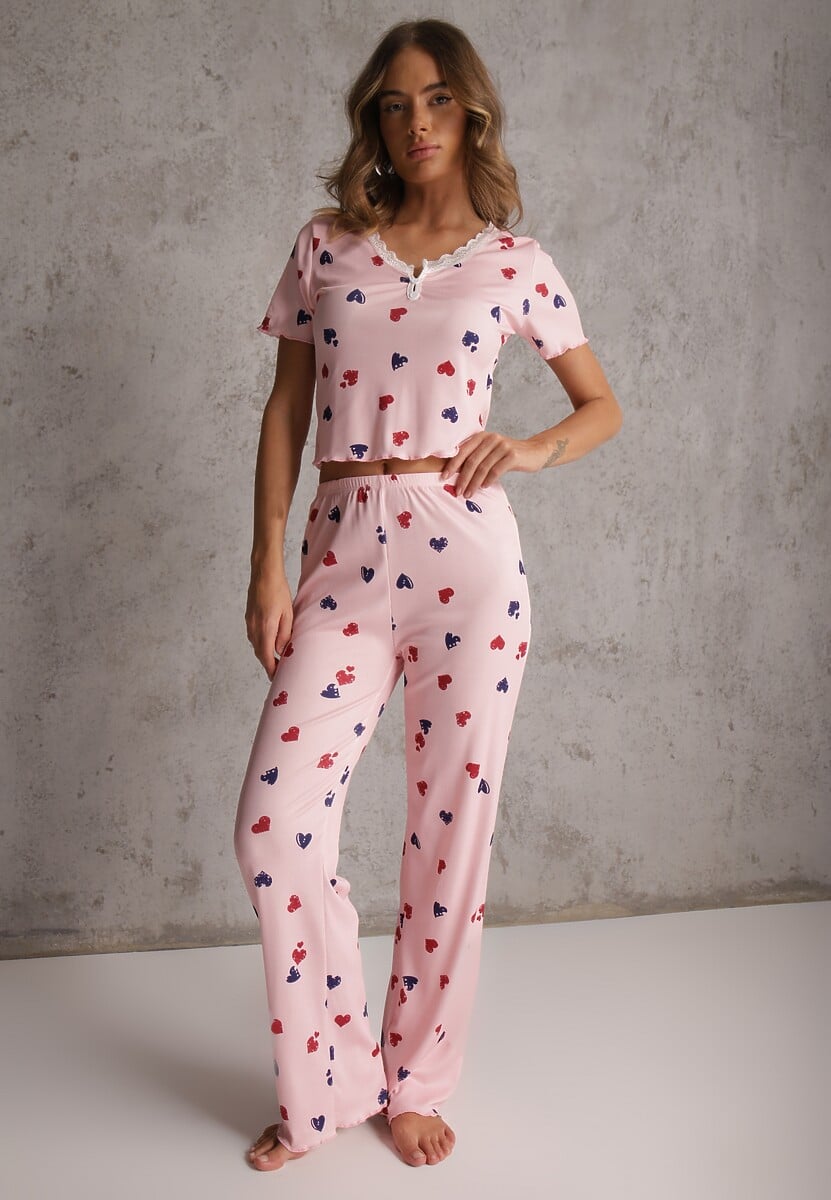 Różowy Elastyczny Komplet Piżamowy w Serduszka Spodnie i Top Isle 1