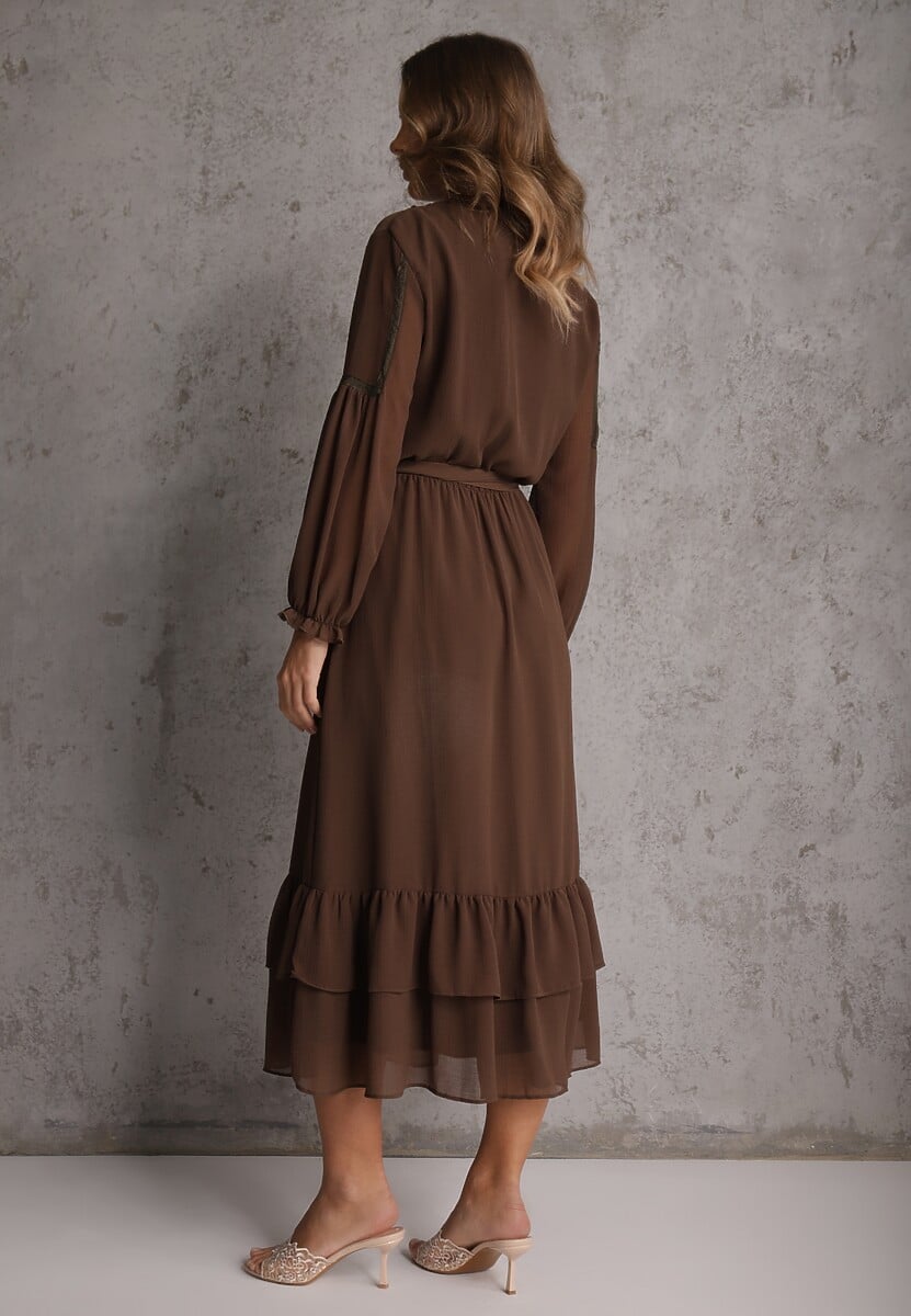 Brązowa Sukienka Boho z Paskiem Guzikami i Falbanami Nevinete 3