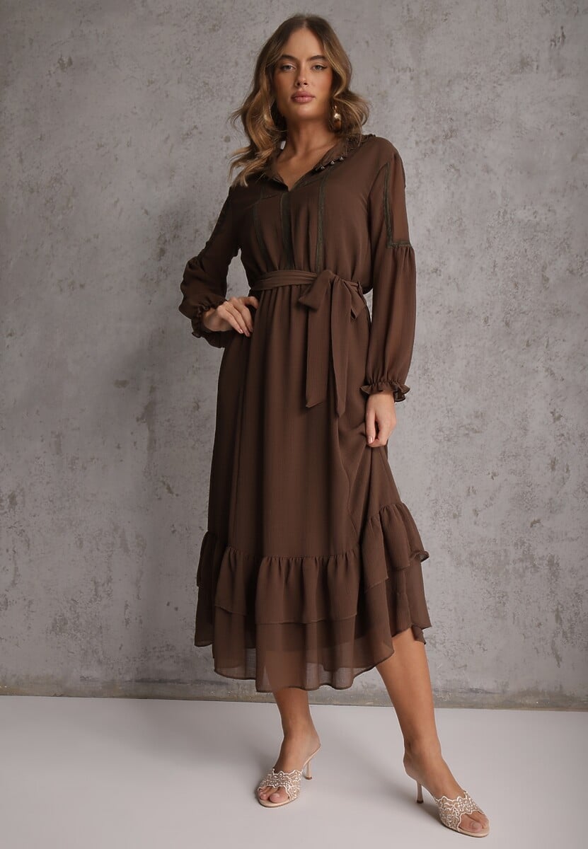 Brązowa Sukienka Boho z Paskiem Guzikami i Falbanami Nevinete 2