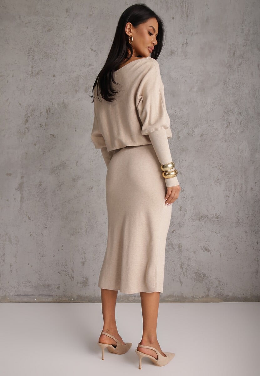 Beżowa Nietoperzowa Sukienka z Dzianiny z Wiskozą z Dekoltem w Łódkę Yuzoma 3