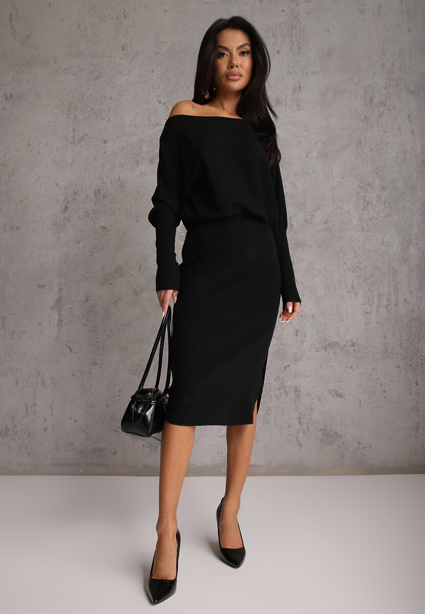 Czarna Nietoperzowa Sukienka z Dzianiny z Wiskozą z Dekoltem w Łódkę Yuzoma 2