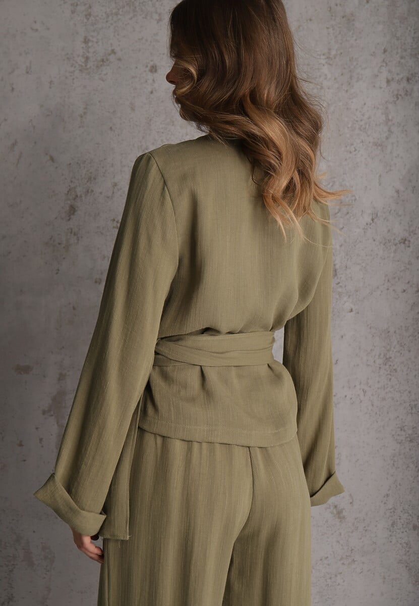 Zielona Wiskozowa Bluzka z Kopertowym Dekoltem i Wiązaniem z Boku Velarila 3