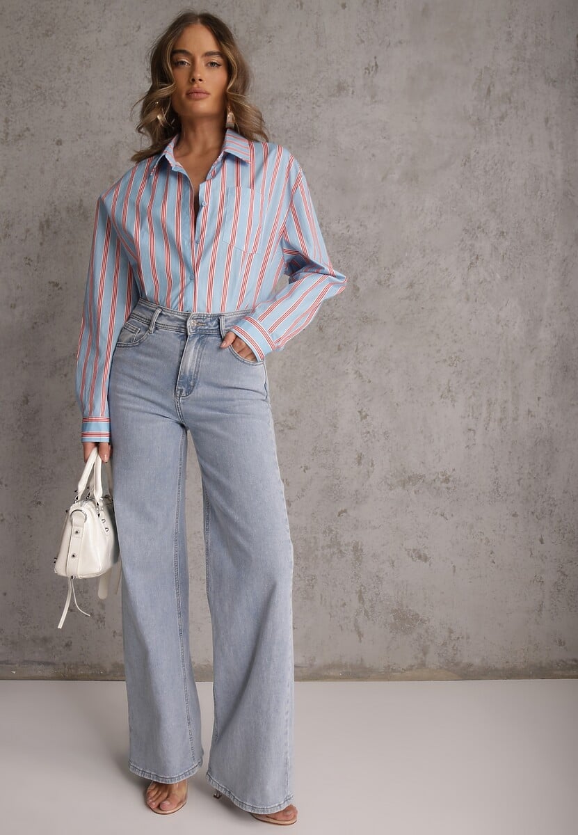 Niebieska Koszula z Bawełny Oversize w Pionowe Paski Telaria 2