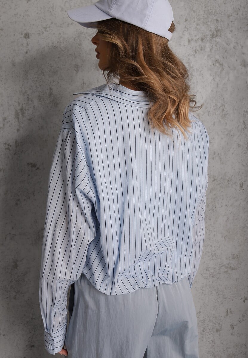 Niebieska Oversizowa Koszula z Bawełny w Pionowe Paseczki z Gumką Kadink 3