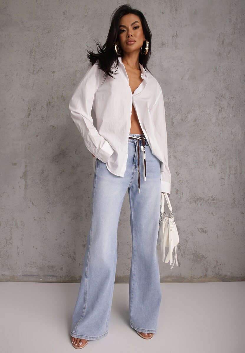 Niebieskie Szerokie Jeansy z Bawełny High Waist z Paskiem w Stylu Sznurówki Vetinia 1