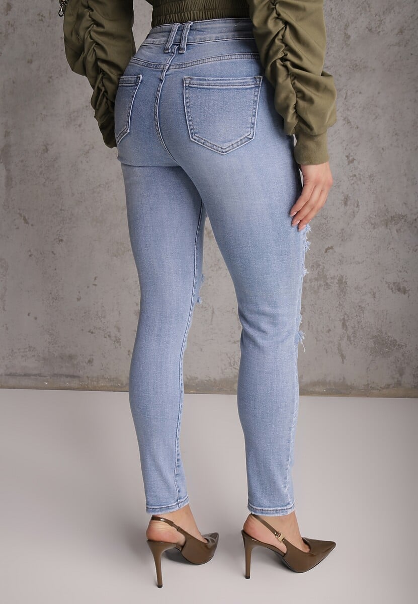 Niebieskie Jeansy Slim z Bawełny Ozdobione Przetarciami Vikiania 3