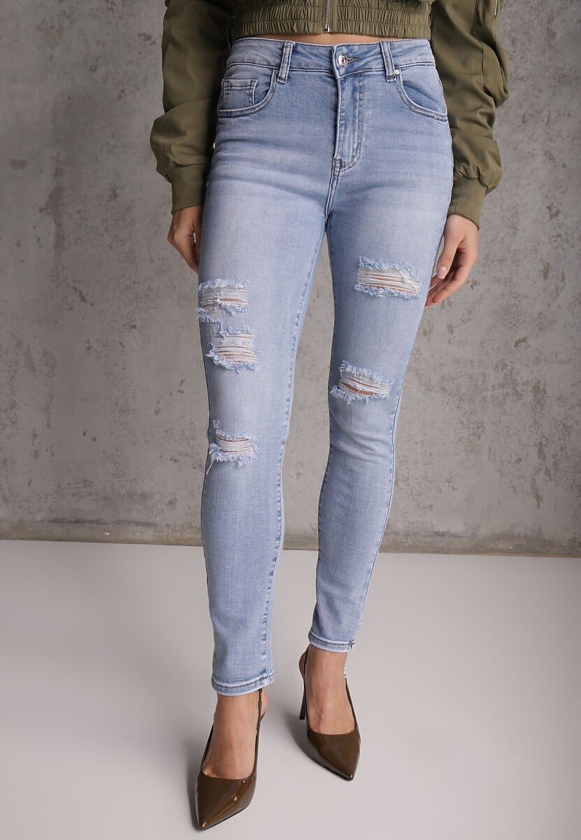 Niebieskie Jeansy Slim z Bawełny Ozdobione Przetarciami Vikiania 2