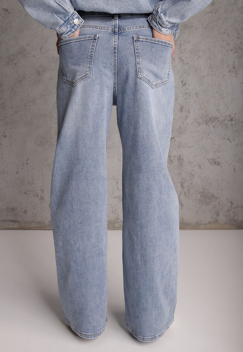 Niebieskie Jeansy Szerokie z Bawełny High Waist Ozdobione Perełkami i Wycięciami Nenelsea 3