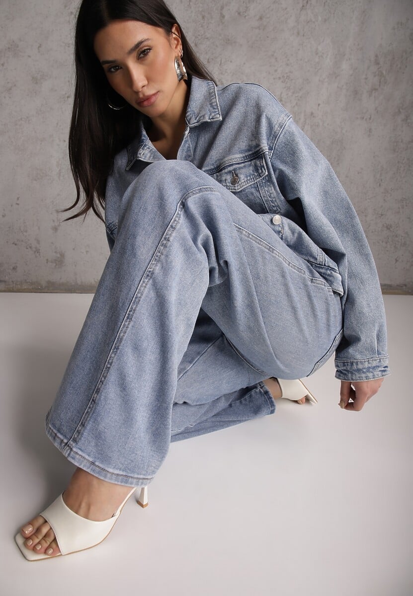 Niebieskie Jeansy Szerokie z Bawełny High Waist Ozdobione Perełkami i Wycięciami Nenelsea 1