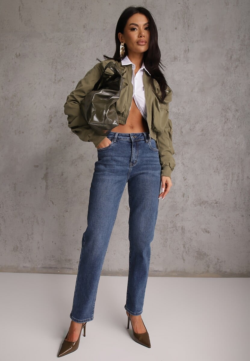 Granatowe Elastyczne Jeansy Mom Fit Regular Waist z Bawełną Ellestar 2