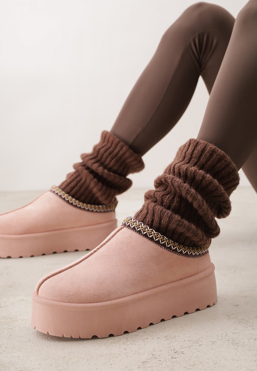 Różowe Śniegowce na Platformie z Niską Cholewką i Haftowanym Wzorem Zivilae 1