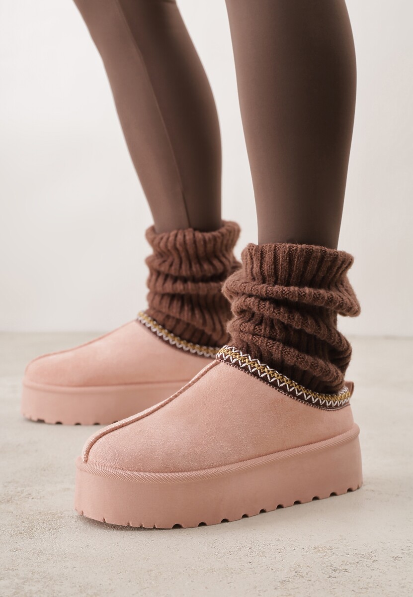 Różowe Śniegowce na Platformie z Niską Cholewką i Haftowanym Wzorem Zivilae 2