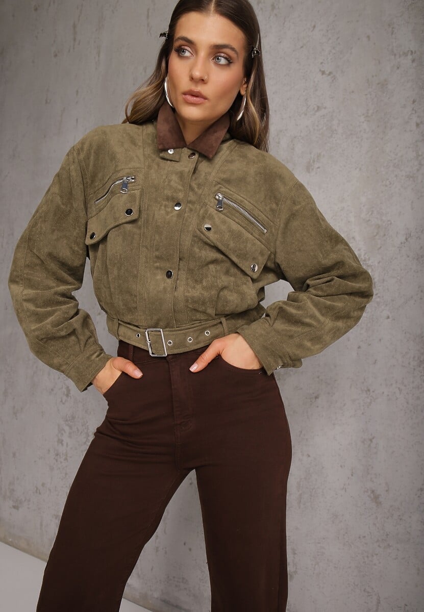 Zielona Kurtka Utility Cropped z Imitacji Zamszu z Suwakami i Paskiem w Talii Gleania 1