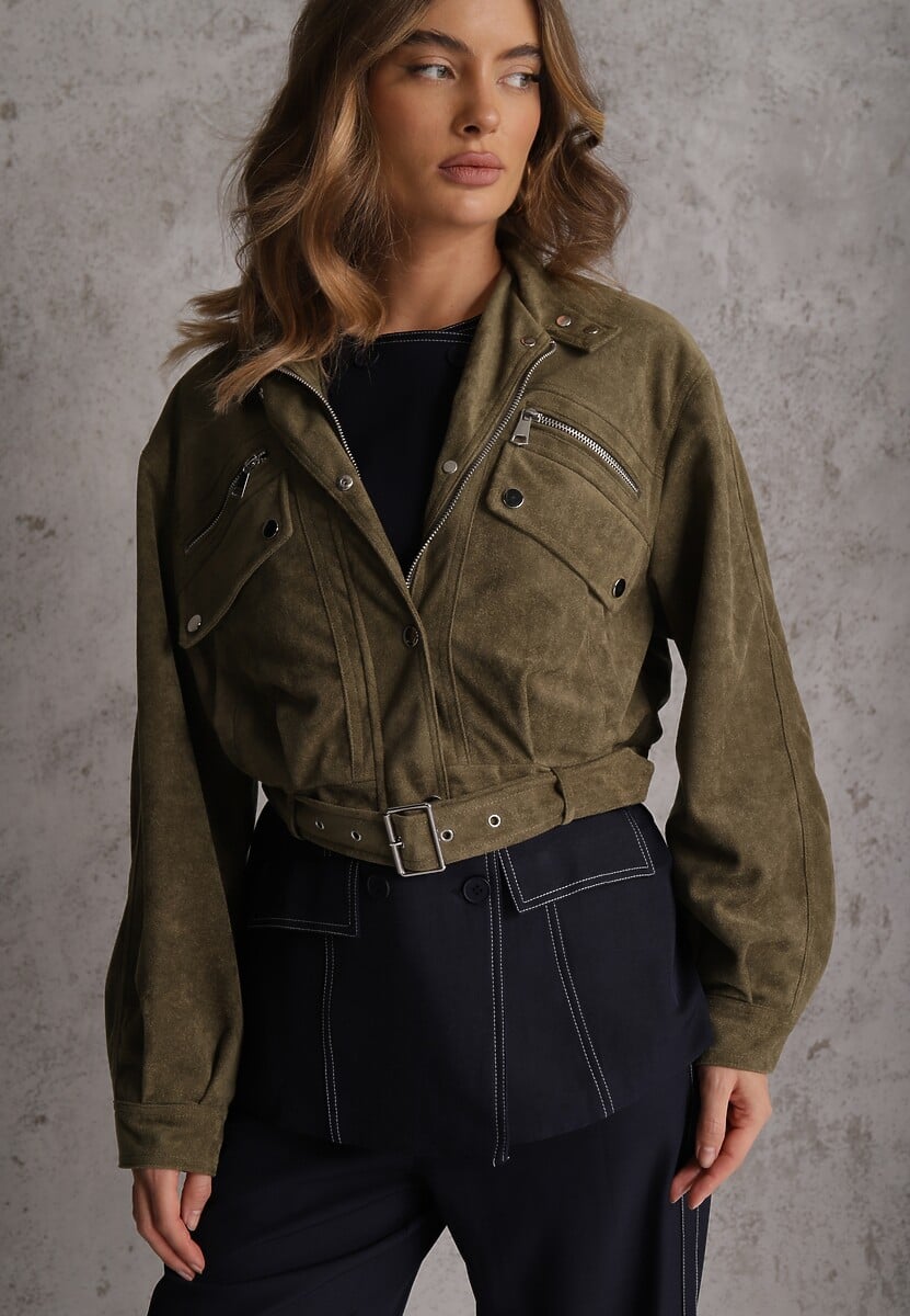 Ciemnobeżowa Kurtka Utility Cropped z Imitacji Zamszu z Suwakami i Paskiem w Talii Gleania 1