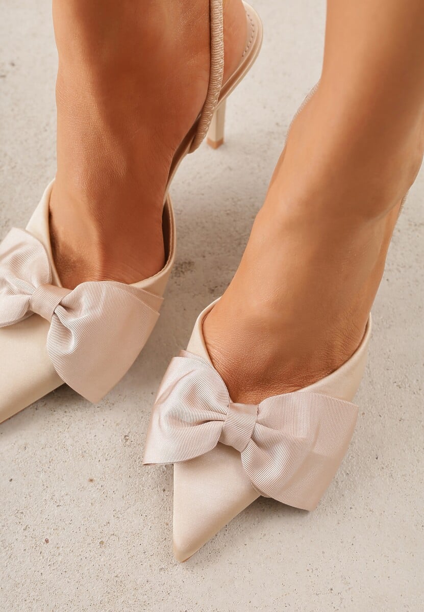 Beżowe Szpilki o Satynowym Wykończeniu z Aplikacją w Kształcie Kokardy Gihaen 3