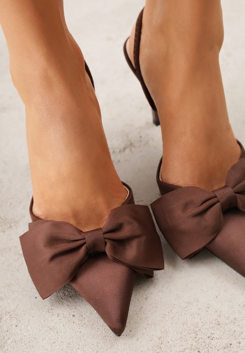 Brązowe Szpilki o Satynowym Wykończeniu z Aplikacją w Kształcie Kokardy Gihaen 3