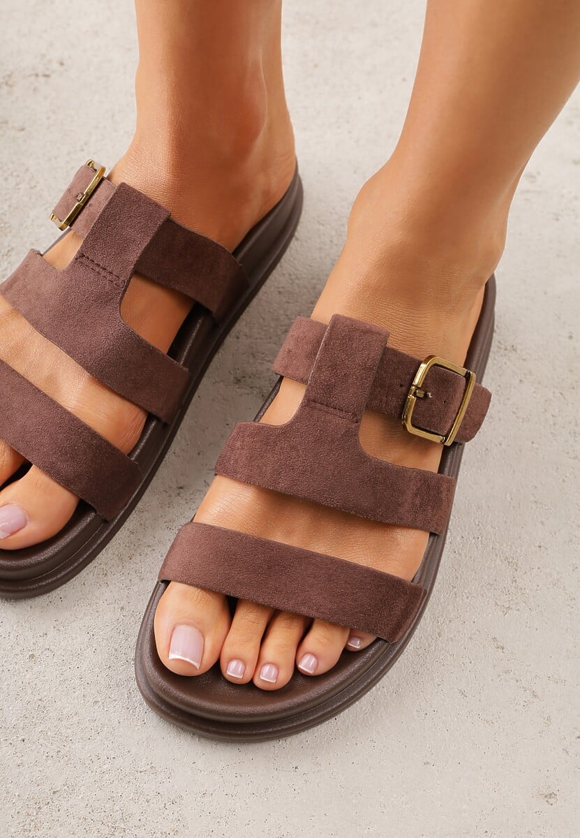 Brązowe Klapki Ozdobione Geometrycznymi Paskami i Metaliczną Klamrą Hossei 3