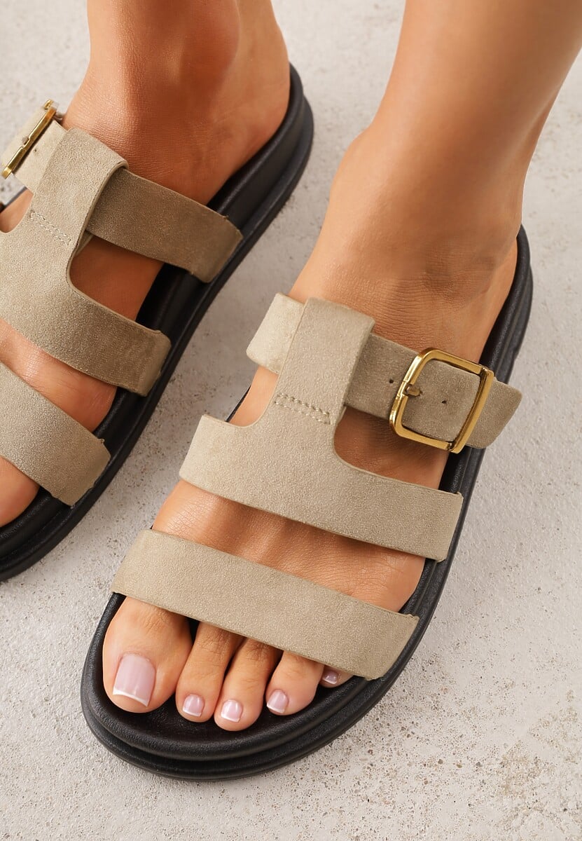 Beżowe Klapki Ozdobione Geometrycznymi Paskami i Metaliczną Klamrą Hossei 3