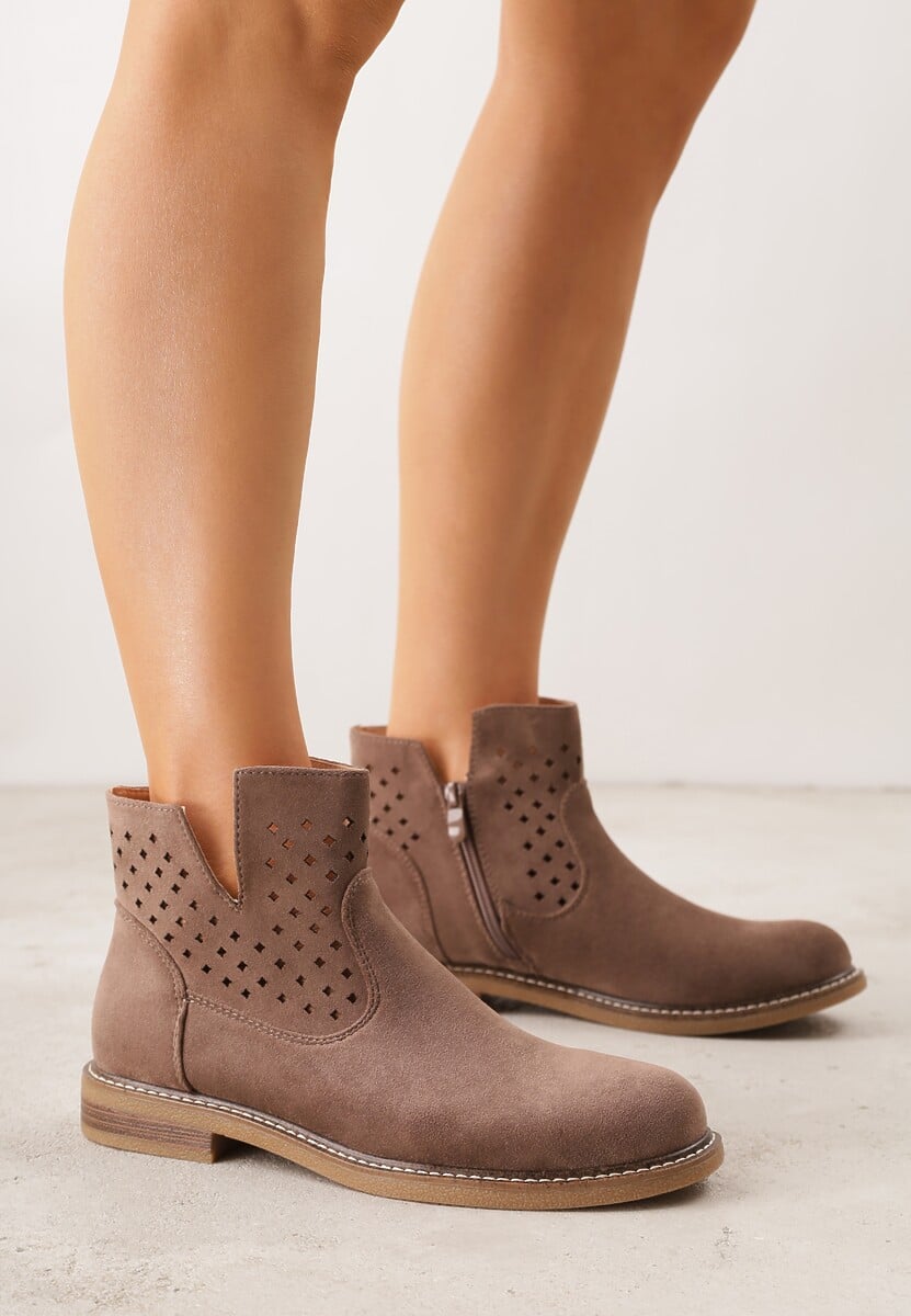 Jasnobrązowe Ażurowe Botki na Płaskiej Podeszwie ze Skórzaną Wkładką Terilara 2