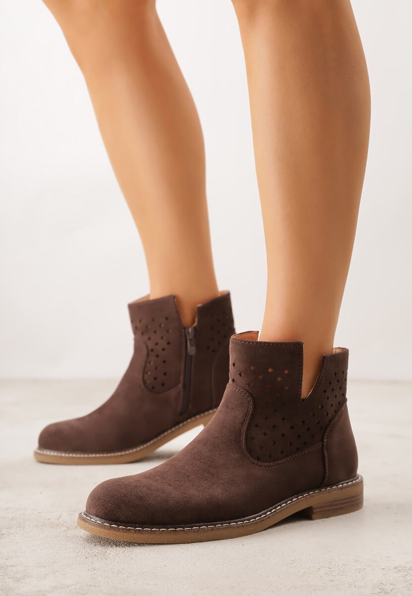 Brązowe Ażurowe Botki na Płaskiej Podeszwie ze Skórzaną Wkładką Terilara 1