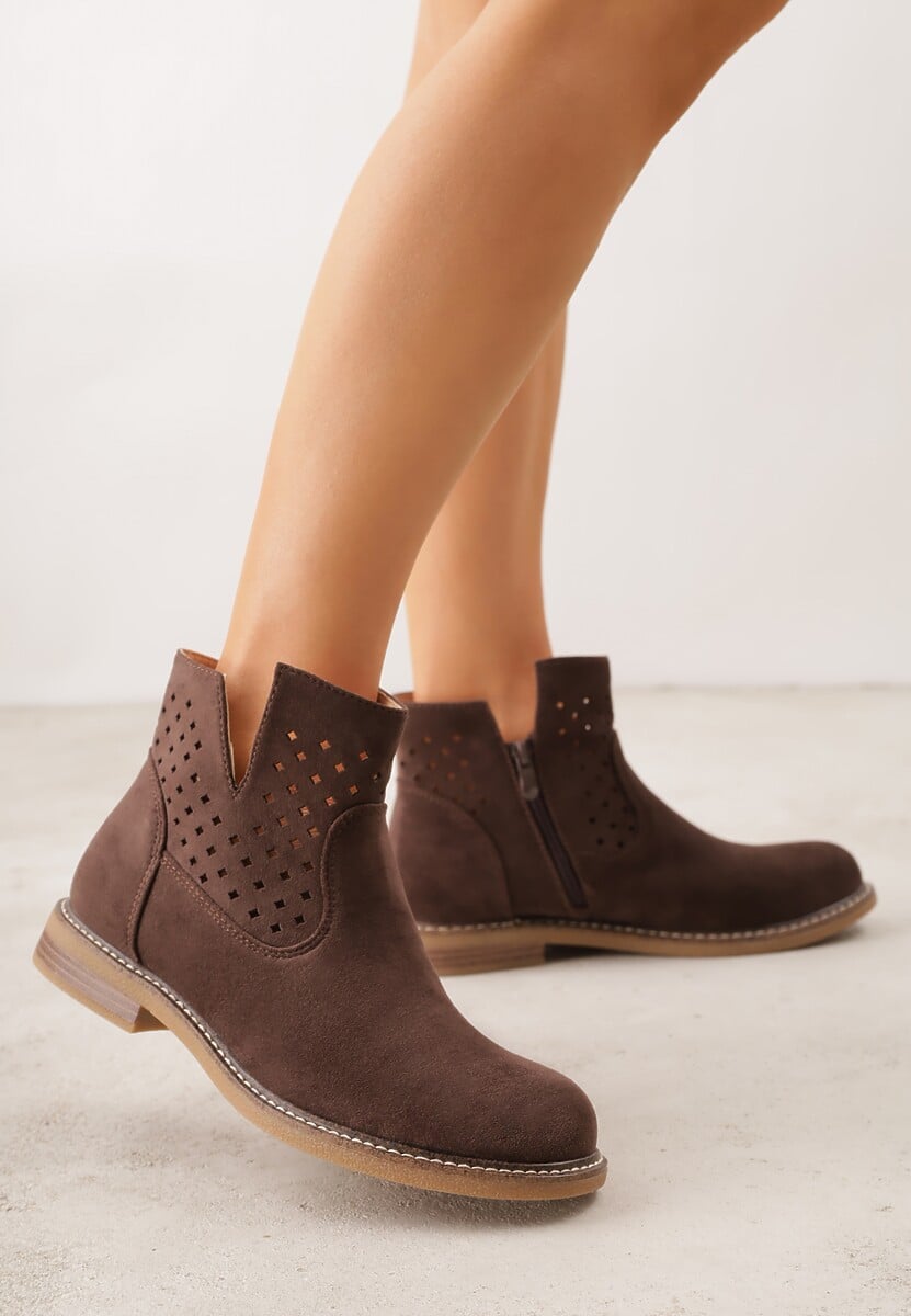 Brązowe Ażurowe Botki na Płaskiej Podeszwie ze Skórzaną Wkładką Terilara 2