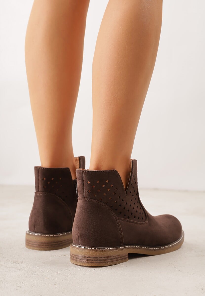 Brązowe Ażurowe Botki na Płaskiej Podeszwie ze Skórzaną Wkładką Terilara 3