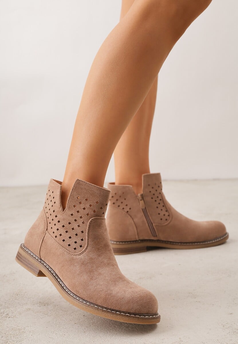 Ciemnobeżowe Ażurowe Botki na Płaskiej Podeszwie ze Skórzaną Wkładką Terilara 1
