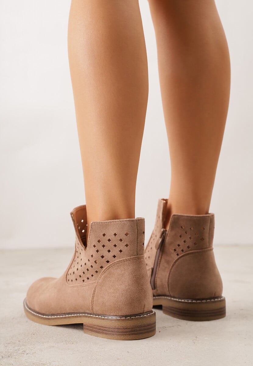 Ciemnobeżowe Ażurowe Botki na Płaskiej Podeszwie ze Skórzaną Wkładką Terilara 3