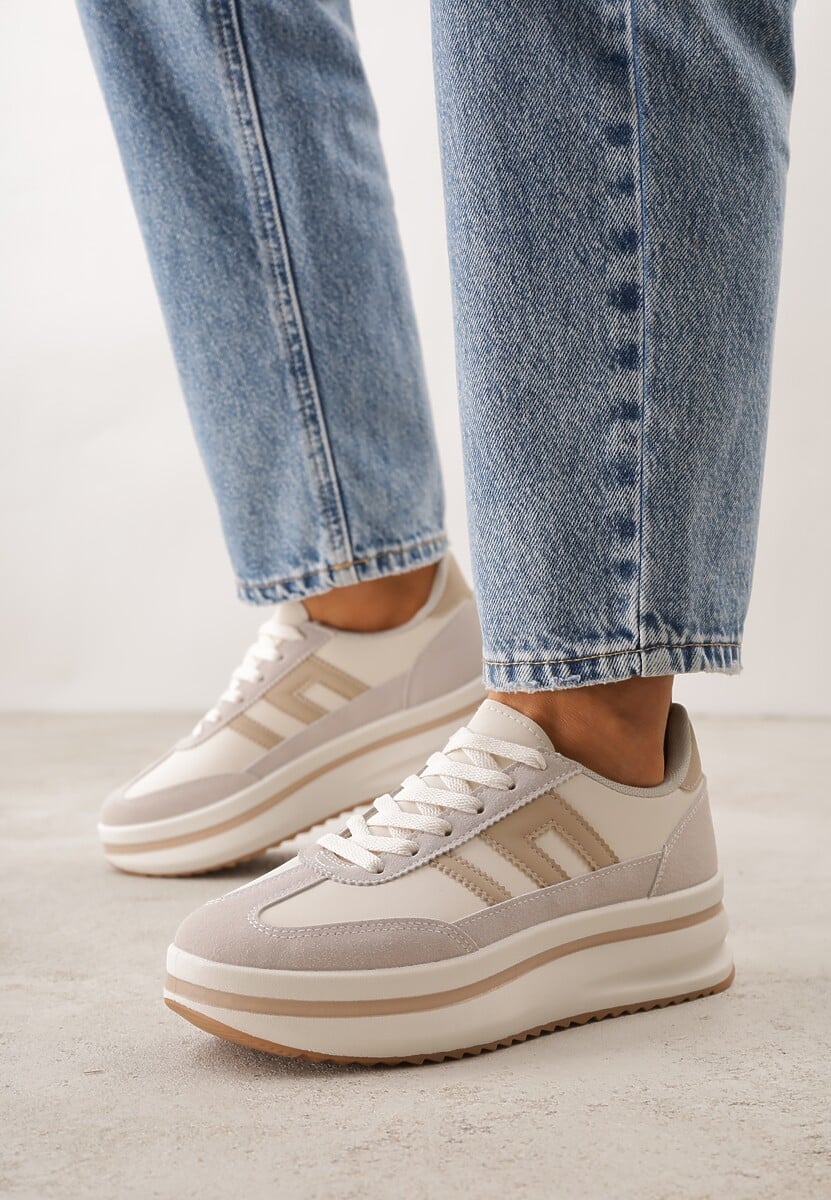 Beżowe Sneakersy na Platformie z Geometrycznym Motywem Hippiopis 2