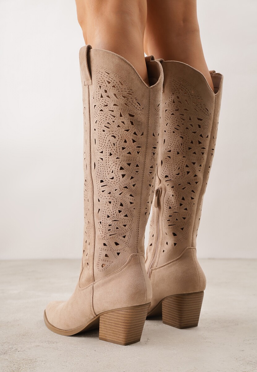 Beżowe Ażurowe Kozaki Typu Kowbojki na Stożkowym Obcasie Antastus 3