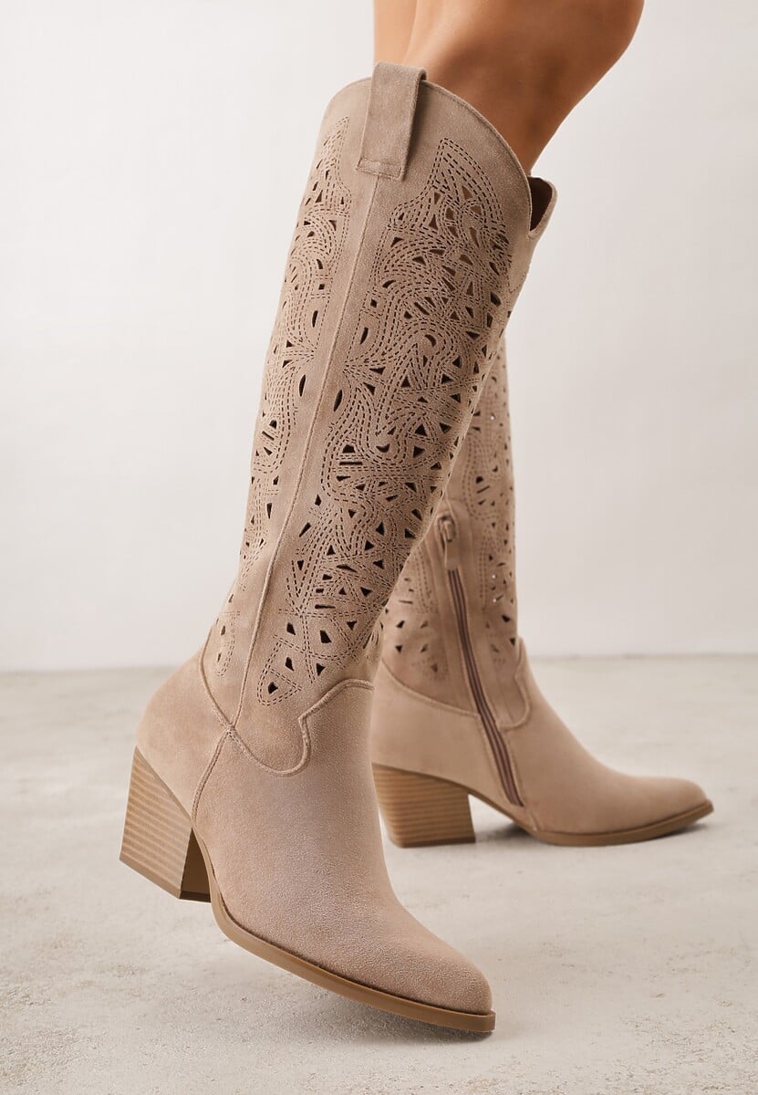 Ciemnobeżowe Ażurowe Kozaki Typu Kowbojki na Stożkowym Obcasie Antastus 1