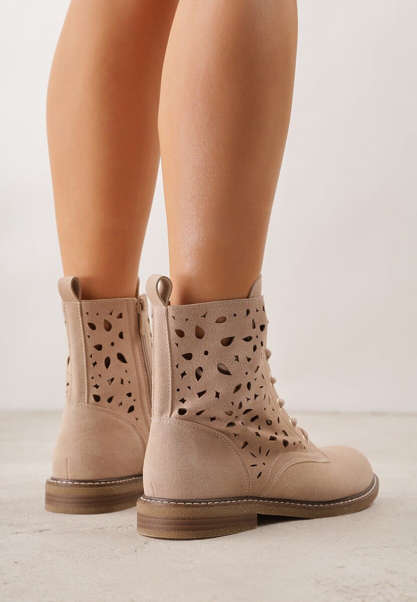 Beżowe Skórzane Botki z Ażurowym Wzorem Kasona 3