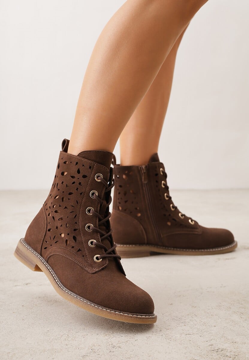 Brązowe Skórzane Botki z Ażurowym Wzorem Kasona 1
